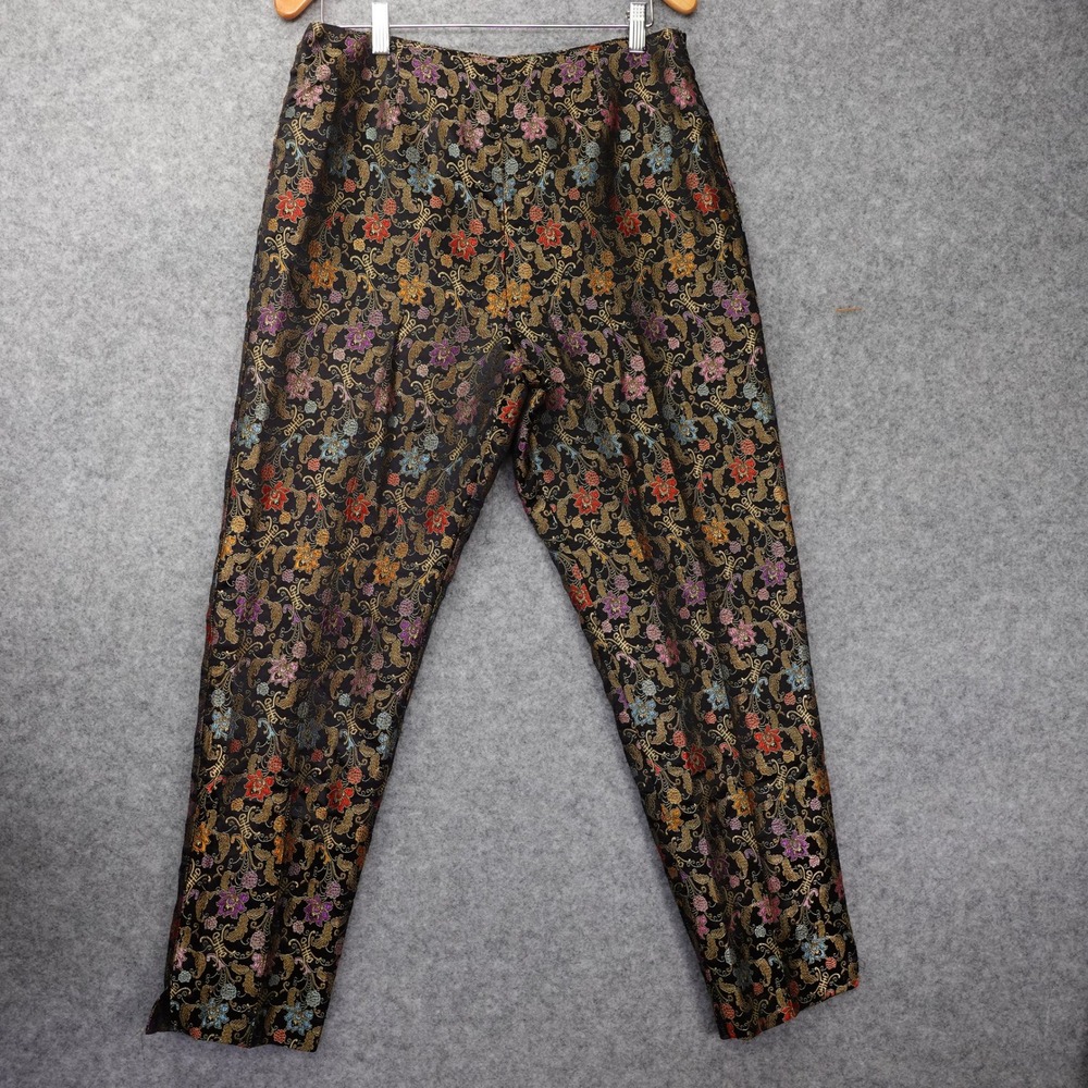 Vintage 90s Whimsigoth Pants Women MEDIUM Gold Floral Boho Brocade Tapered 31x30